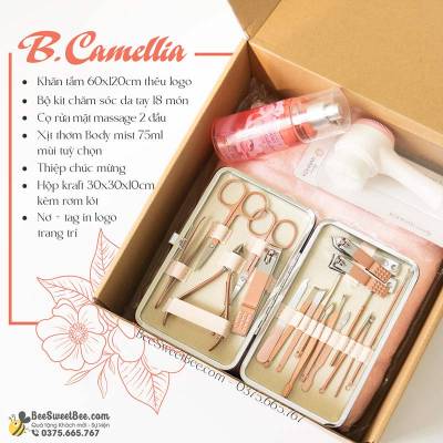 Set quà tặng B.Camellia: Khăn tắm - Bộ kit chăm sóc day tay 18 món - Cọ rửa mặt