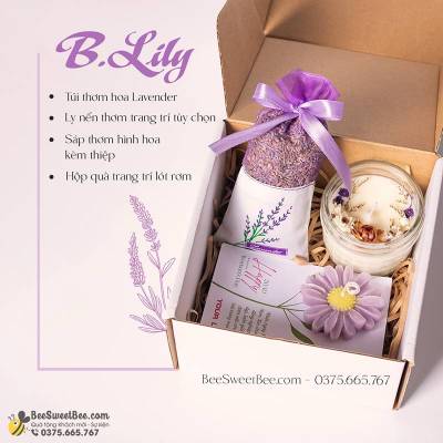 Set quà tặng B.Lilly: Túi thơm lavender - Nến bông hoa + Thiệp - Hũ nến thơm