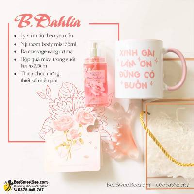 Set quà tặng B.Dahlia: Ly sứ - Xịt thơm body mist - Đá massage 