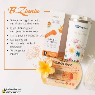 Set quà tặng B.Zinnia: Mật ong nghệ Cucumin - Ly giữ nhiệt - Mặt nạ dưỡng ẩm Obagi - Kẹp tóc